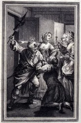La Gageure des trois commeres – v „“Povídkách a povídkách ve verších”” od Jeana La Fontaina. 1776. Ilustrace P. P. Choffard.