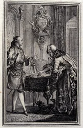 Le Gascon potrestán - v "" Příběhy a zprávy ve verších "" od Jean La Fontaine. 1776. Ilustrace P. P. Choffard.