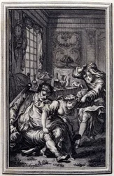 Netopýr - v "" Příběhy a zprávy ve verších "" od Jean La Fontaine. 1776. Ilustrace P. P. Choffard.