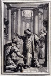 Malý pejsek, který hází penězi a kameny - v "" Příběhy a povídky ve verších"" od Jean La Fontaine. 1776. Ilustrace P. P. Choffard.