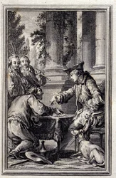 Příběh o rolníkovi, který urazil svého Pána – v „Příběhy a zprávy ve verších“ od Jeana La Fontaina. 1776. Ilustrace P.P. Choffard.