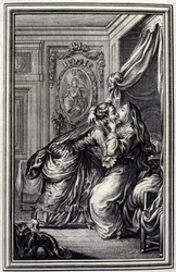 The Couturiere - v “”Příběhy a povídky ve verších”” od Jean La Fontaine. 1776. Ilustrace P. P. Choffard.