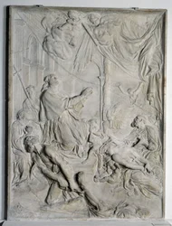 nízký reliéf milánského moru - svatý Karel Boromejský (San Carlo Borromeo) (1538-1584, kardinál a arcibiskup milánský) modlí (mramor)