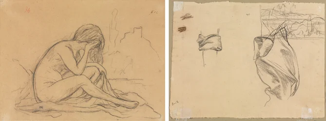 Studie ženského aktu (případně pro nerealizovaný alegorický obraz) (recto); Studie soukenictví a Studie krajiny (verze)
