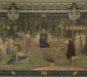 Posvátný háj, nástěnná malba ve Velkém amfiteátru zobrazující alegorické postavy Sorbonny, Výmluvnosti, Poezie, Filozofie, Historie, Botaniky, Geologie, Fyziky a Geometrie, 1887-89 (detail)