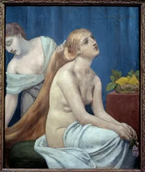 Žena při toaletě. Nahá žena s dlouhými blond vlasy je česána služkou. Obraz Pierre Puvis de Chavannes (1824-1898), 1883. Slunce. 0,75 x 0,63 m. Paříž, Musée d