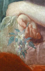 Ruka mladé ženy držící kvetoucí větev. Detail portrétu Madame Poulhariex a její dcery, kolem roku 1728 (olej na plátně)