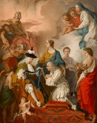 Vévoda ze Saint Aignan investuje Girolamo Vaini, princ z Cantalupe a vévoda ze Selci, insigniemi rytíře Ducha svatého, 1737