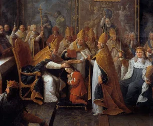 Korunovace Ludvíka XV. Král Ludvík XV. (1710-1774) byl 25/10/1722 v remešské katedrále korunován a pomazán remešským arcibiskupem za přítomnosti regenta, vévody orleánského (1674-1723), a velkého davu. Detail obrazu od Pierra Subleyrase
