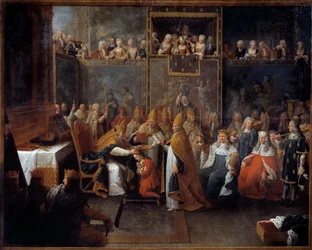 Korunovace Ludvíka XV. Král Ludvík XV. (1710-1774) byl 25/10/1722 v remešské katedrále korunován a pomazán remešským arcibiskupem za přítomnosti regenta, vévody Orleánského (1674-1723), a velkého davu