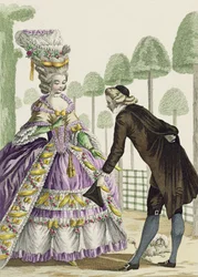 Dáma v šeříkových šatech Promenády v zahradách královského paláce, deska 13 z „Galerie des Modes et Costumes Francais“, vyryla Etienne Claude Voysard (1746-1812) 1778