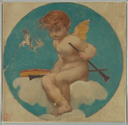 Studium pro Rondel s Putto Holding Attributes of Music