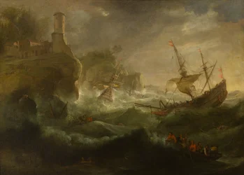 Zakládání lodí u skalnatého pobřeží, kolem 1657-1701 (olej na plátně)