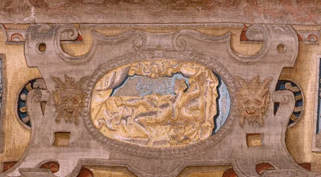 Vlámský gobelín. Série Vertumnus a Pomona. Vertumnus proměněný ve farmáře. Ve střední části spodního okraje vidíme epizodu o láskách Jupitera: Danaë. Druhá tapisérie v sérii. Modelový kruh Pietera Coecke van Aelsta. Výroba Wil