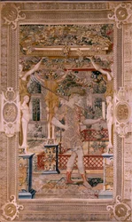 Vlámský gobelín. Série Vertumnus a Pomona. Vertumnus proměněný ve farmáře. Druhá tapisérie v sérii. Levá část transformace Daphne. Modelový kruh Pietera Coecke van Aelsta. Výroba Wilhelm Pannemaker, Brusel. Přibližně 1545-1550. Fabri