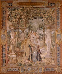 Vlámský gobelín. Série Vertumnus a Pomona. Vertumnus políbí Pomonu. Sedmá tapisérie v sérii. Modelový kruh Pietera Coecke van Aelsta. Výroba Wilhelm Pannemaker, Brusel. Přibližně 1545-1550. Tkanina Zlato, stříbro, hedvábí a vlna. Rozměr 430 x 365 cm.