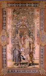 Vlámský gobelín. Série Vertumnus a Pomona. Vertumnus se proměnil ve válečníka. Čtvrtá tapisérie v sérii. Modelový kruh Pietera Coecke van Aelsta. Výroba Wilhelm Pannemaker, Brusel. Ca1545-1550. Tkanina Zlato, stříbro, hedvábí a vlna. Velikost 425