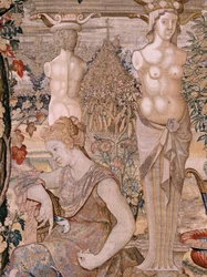 Vlámský gobelín. Série Vertumnus a Pomona. Vertumnus se proměnil ve starou ženu. Vertumnus se proměnil ve starou ženu. Šestá tapisérie v sérii. Modelový kruh Pietera Coecke van Aelsta. Výroba Wilhelm Pannemaker, Brusel. Přibližně 1545-1550.