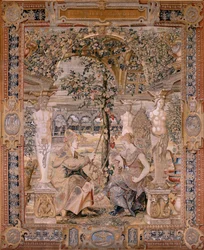 Vlámský gobelín. Série Vertumnus a Pomona. Vertumnus se proměnil ve starou ženu. Vertumnus se proměnil ve starou ženu. Šestá tapisérie v sérii. Modelový kruh Pietera Coecke van Aelsta. Výroba Wilhelm Pannemaker, Brusel. Ca1545-1550. F