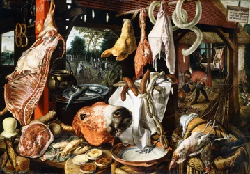 Řeznický stánek se Svatou rodinou na útěku do Egypta, 1551