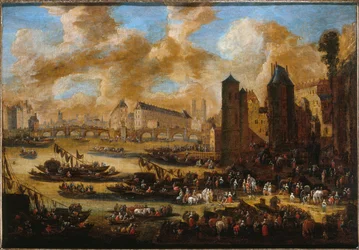 Le Pont-Neuf, la Cité, la Tour et la Porte de Nesle, asi 1650, asi 1650 (olej na plátně)