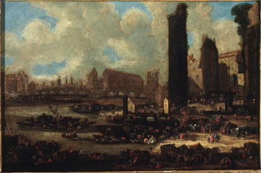 Le Pont-Neuf, la Cité, la Tour et la Porte de Nesle, asi 1650, asi 1650 (olej na plátně)