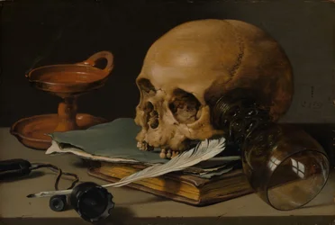 Zátiší s lebkou a psacím brkem, 1628