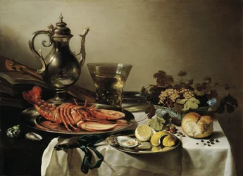 Stůl s humrem, stříbrným džbánem, velkým berkemeyerem, mísou s ovocem, houslemi a knihami, 1641