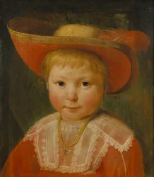 Portrét dítěte s červeným lemovaným slaměným kloboukem, cca 1635-40 (olej na dubovém dřevě)
