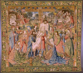 Vlámský gobelín. Řada Umučení Krista: Sestup z kříže (Kruisafneming, Descendimiento de la cruz). Výrobce Pieter van Aelst. Karikaturista Jan van Roome. Přibližně 1507-1520.