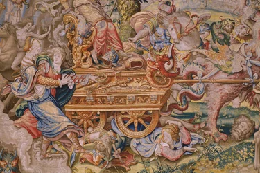 Vlámský gobelín. Seriál Sedm hlavních hříchů: Marnost (pýcha). Karikaturista Pieter Coecke van Aelst. Ateliér v Bruselu. asi 1542-1544.