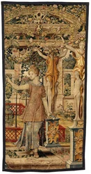 Vertumnus a Pomona: Vertumnus se proměnil v farmáře, kolem roku 1550 (zlato, vlna a hedvábí)