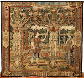 Vertumnus a Pomona: Vertumnus proměněný v nůžky na nůžky, cca 1550 (zlato, vlna a hedvábí)