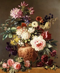 Zátiší letních květin. Růže, pivoňky, sasanky, kosatce. Obraz Georgius Jacobus Johannes Os (1782-1861) Soukromá sbírka.