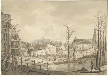 Ruiny na severní straně Steenschuur po katastrofě střelného prachu v Leidenu, 12. ledna 1807
