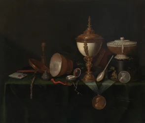 Zátiší s pohárem pštrosích vajec a Whitfieldským dědictvím, c. 1670.