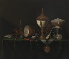 Zátiší s pohárem pštrosích vajec a Whitfieldským dědictvím, kolem roku 1670 (olej na plátně)