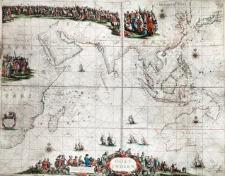 Mapa Východní Indie, asi 1666 (kolorovaná rytina)