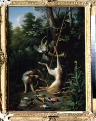 ""Lovící pes a lovci ptáci"" (Pes a hrací ptáci) Obraz Petera Gyselse (1621-1691) 17. století. Puškinovo muzeum, Moskva
