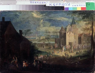""Kermesse na místě vesnice"" (Kermis) Městská krajina ve Flandrech. Obraz Petera Gyselse (1621-1690) Serpukhov, Státní muzeum historie a umění Rusko