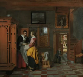 Interiér s ženami vedle plátěné truhly, 1663
