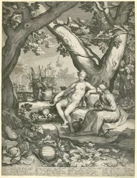 Vertumnus si vypůjčuje postavu staré ženy, aby získal lásku Pomony, 1605 (rytina na křídovém papíře)