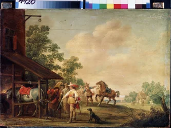 Forge (Kovárna). Podkovář (podkovář) nasazující podkovu. Obraz od Pietera Meulenaera (Peter nebo Pierre