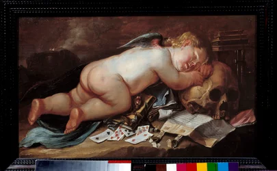 Miluji spánek na smrtelné hlavě. Obraz (Vanite) od Pietera Moninckxe (1606 - 1686) Ec. Podvod.