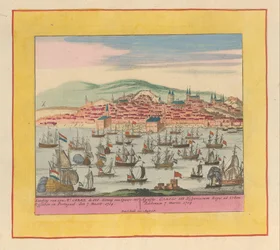 Příjezd holandsko-anglické flotily s králem Karlem III do Lisabonu, 1704 Přistání jeho Mt. Carel III. španělský král do Lisabonu v Portugalsku den 7 Maert 1704 (...) (titul na předmětu) Divadlo války, Počátek krále Karla den