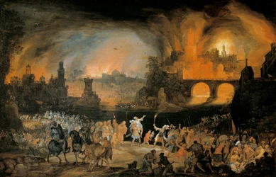 Vypálení města Trója. Obraz Pietera Schoubroecka (1570-1607). 1606. Kunsthistorisches Museum Vídeň Rakousko