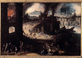 Zničení Tróje Obraz od Pietera Schoubroecka (1570-1607) Besancon ze 17. století. Muzeum výtvarných umění
