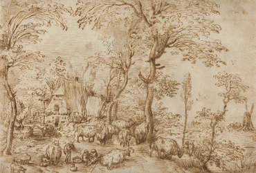 Rolníci a dobytek poblíž farmy, kolem 1553-54 (pero a hnědý inkoust na papíře)