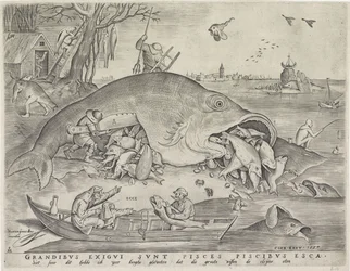 Velké ryby jedí malé ryby, vyryl Pieter van der Heyden, 1557