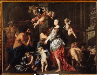 Návštěva Venuše (Aphrodite) na Vulkánu (Hephaistos) (Návštěva Venuše na Vulkánu). Obraz Pietera Thiese (1624-1677 nebo 1679). Olej na plátně